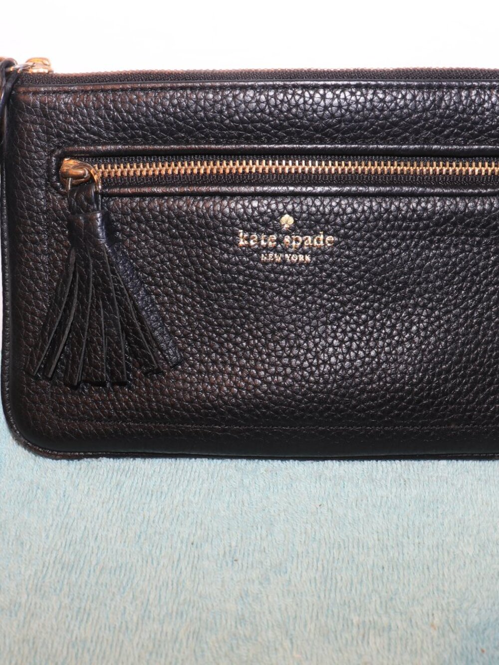 Kate Spade Black Pebbled Leather Wristlet Clutch Pouch Front Zip Pocket  7.5"X5"